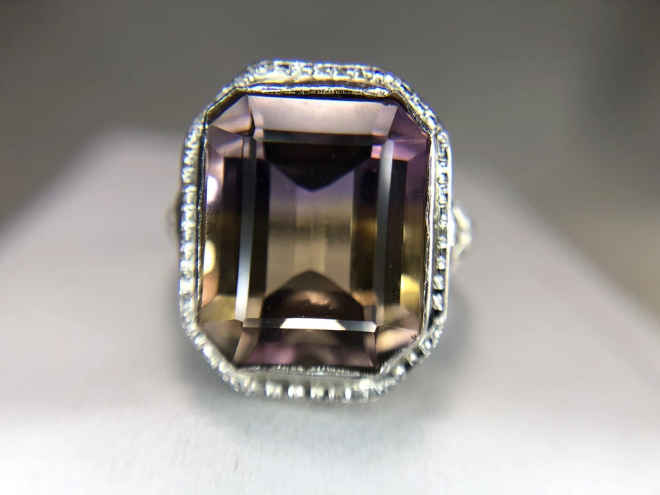 Anillo de cóctel filigrana ametrina natural corte esmeralda oro blanco 14k Art Deco Foto 1 de 4