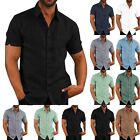Men Cotton Linen Solid Shirts Casual Short Sleeve Fit Formal Dress Top Tee Shirt