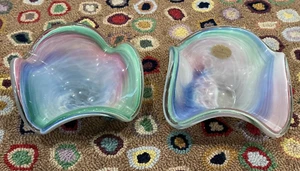 CRYSTAL CLEAR MURANO STYLE PINK GREEN BLUE 5.5" ART GLASS BOWLS PAIR LOT SET 2 - Picture 1 of 7