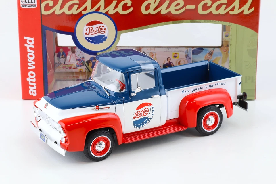 1:18 Auto World 1956 Ford F-100 Pick-Up Pepsi Cola Blu/Bianco/Rosso - Immagine 1 di 4
