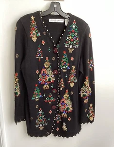 Cardigan maglione albero di Natale Michael Simon perline paillettes vintage taglia M - Foto 1 di 7