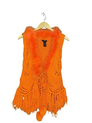 Colete de crochê laranja brilhante feminino pequeno Halloween franja funky feriados - Imagem 1 de 4