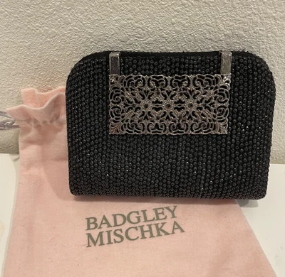 Badgley Mischka Black Beaded Clutch Bag w/ Silver Filigree Clasp + Dust Bag - Image 1 of 4