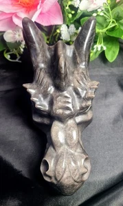 X Grande 6" 604g Splendida Ossidiana Argento Lucido Testa di Drago Teschio Cristallo Intaglio - Foto 1 di 19