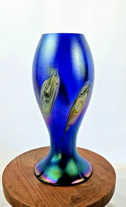 Antique Rindskopf Cobalt Iridescent Pulled Feather Blown Art Nouveau Glass Vase - Picture 1 of 18