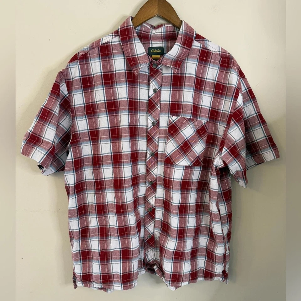 Cabela's Red Gray White Plaid short sleeve button up Shirt SZ 2XL - Image 1 of 4