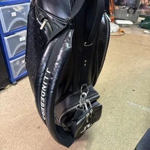 J Linberg Caddy Golf Cart bag Black Leather Preowned Rare Rain Cover 8 Slot - Picture 1 of 10