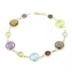 14K Yellow Gold Gemstone Station Bracelet With Round Multicolored 7.5 Inch - Picture 1 of 3