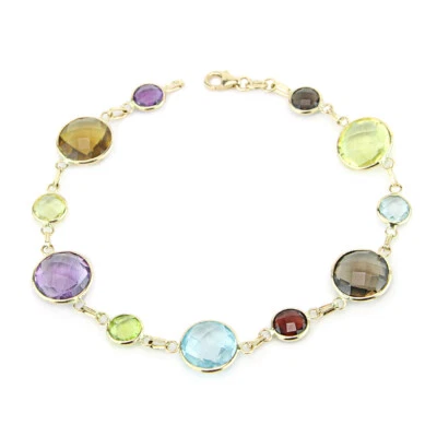 14K Yellow Gold Gemstone Station Bracelet With Round Multicolored 7.5 Inch - Image 1 of 3