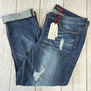 Standards & Practices Distressed Whisker Washed Indigo Denim Boyfriend Jeans - Picture 1 of 14