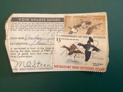 ICOLLECTZONE US RW36 Duck stamp 1969 & Nebraska Hunting stamp on license - Image 1 of 2