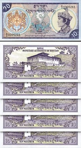 Bhutan 10 Ngultrum 1986, UNC, 5 Pcs LOT, Consecutive, P-15a, D/4 000 - Picture 1 of 4