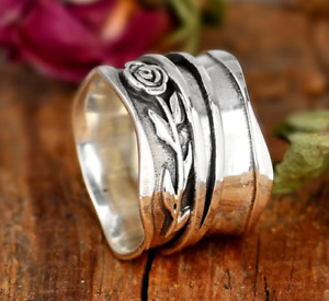 Designer 925 Sterling Silver Rose Spinner Ring Meditation Handmade Ring Jewelry