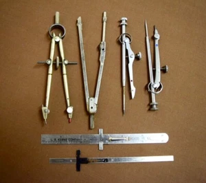 Lot of 6 vintage steel drafting compasses & depth gauges, see listing details - Picture 1 of 5