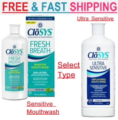CloSYS Sensitive Fresh Breath Mouthwash, Gentle Mint, 32oz. Choose Yours