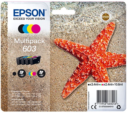 MULTIPACK 4 CARTUCCE INCHIOSTRI ORIGINALI EPSON 603 STELLA MARINA NERO + COLORI - Immagine 1 di 1