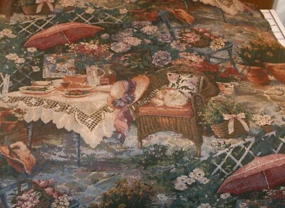 Tapestry Upholstery Fabric remnant 55" x 59" English Tea Garden Cat Victorian - Image 1 of 4