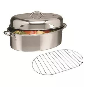 Stainless Steel Oval Roaster Roasting 3 pc 16 in Pan + Lid Turkey Chicken dinner - Picture 1 of 2