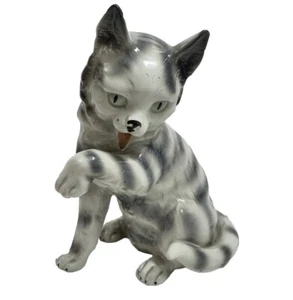 Porzellan Figur Cat Licking its Paw Wagner & Apel 7 in Fine Porcelain Germany - Picture 1 of 10