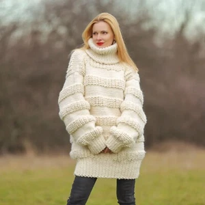 Chunky ivory wool sweater thick handmade heavy warm ski wool pullover *2.5 KG* - Picture 1 of 7