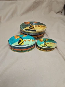 Nesting 3 Compartment Wooden Ovel Boxes With Floral Theme - Picture 1 of 10