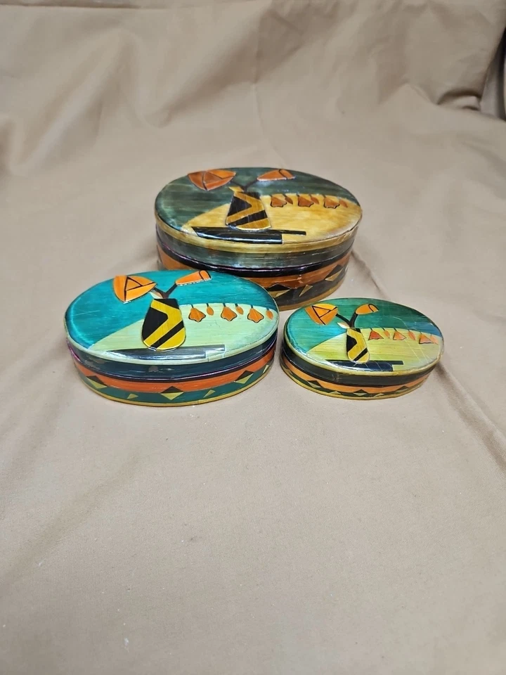 Nesting 3 Compartment Wooden Ovel Boxes With Floral Theme - Image 1 of 4