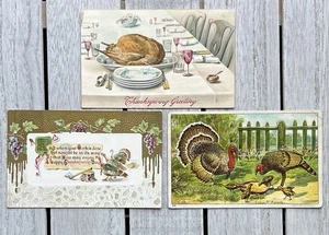 Lot ALL ANTIQUE THANKSGIVING POSTCARDS Winsch Back Set Table Turkey Family Gold - Picture 1 of 2