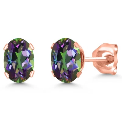 1.10 Ct Oval Shape Green Mystic Topaz 18K Rose Gold Plated Silver Stud Earrings - Image 1 of 4