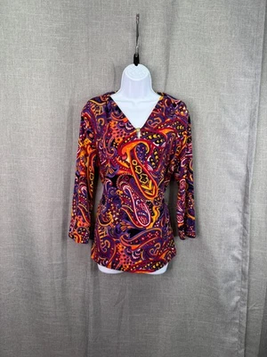 Anne Klein 3/4 Sleeve Top Women's Size L Multicolor Paisley Retro Look - Image 1 of 4