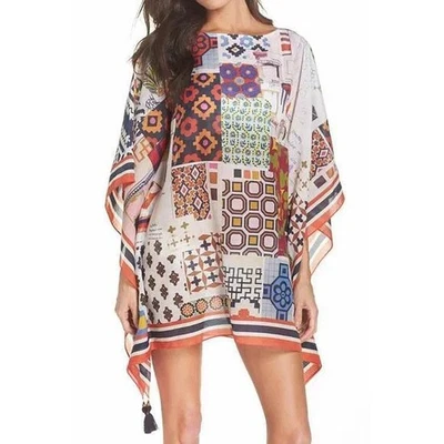 Vestido túnica caftán encubrimiento playa caftán estampado collage álbum de recortes Tory Burch XS S Foto 1 de 4