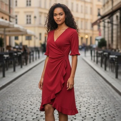 Vestido Express para mujer 11/12 envolvente línea A volantes manga corta cuello en V midi cóctel Foto 1 de 4