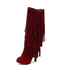 Women Faux Leather 3 Layer Fringe Tassel Pull On High Heel Round Toe Ankle Boots