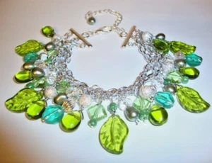 Glass Bead Bracelet Handmade Three Strand Green Leaves Fresh Water Pearls - Picture 1 of 18