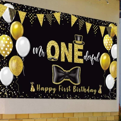 Black/Gold Mr ONEderful Happy First Birthday Banner 72.8"W x 43.3"H - Image 1 of 4