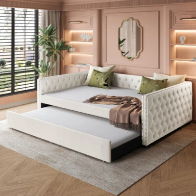 Full Size Upholstered Daybed with Trundle Day Bed Sofa Beds Platform Bed Frames - Image 1 of 4