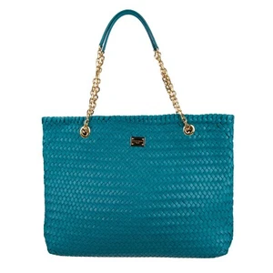 DOLCE & GABBANA Handmade Large Woven Leather Shoulder Shopper Bag Turquoise Blue - Picture 1 of 7