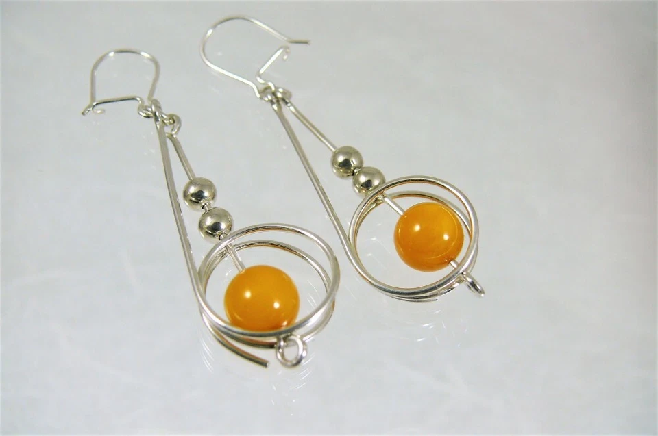 Bernstein Ohrringe Länge 54 mm Silber 925 Farbe Orange Leder Damen Amber BO598 - Bild 1 von 1