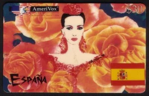 $30. Lady España: Rosas y Bandera de España (por Clay A. Gibson) ESPECIMEN Tarjeta Telefónica - Imagen 1 de 1
