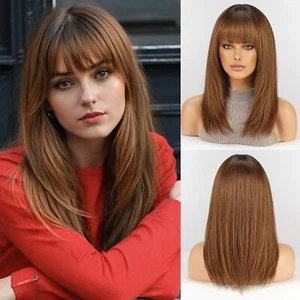 14 Inch Ombre Light Brown 100% Human Hair Wigs with Bangs 13x4 Lace Front Wigs - Picture 1 of 7