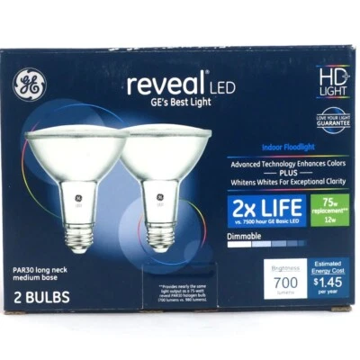 GE 45035 Reveal LED HD+ Light 2x Life, 75w, 700 Lumens, PAR30 Long Neck, 2 Pack - Image 1 of 4