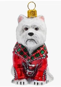 Westie West Highland White Dog Red Motorcycle Jacket Ornament Blown Glass Poland - Picture 1 of 1