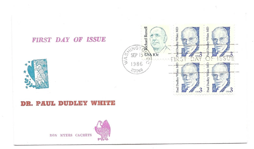 2170 3c Paul Dudley White, MD, Ron Myers Cachets block of 4, FDC - Image 1 of 1