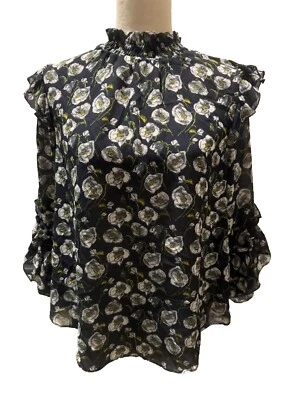 Top Hazel Amapola Floral Azul Marino Cuello Alto Regencia Boho Volantes Boho Pequeño Foto 1 de 4