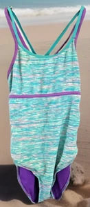 Free Country Womens Swimsuit 1 Piece Blue Purple Lined Crossover Straps Size L - Picture 1 of 5