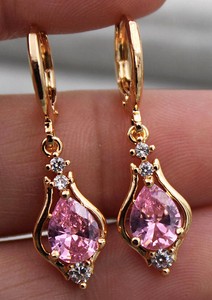 18K Yellow Gold Filled - 1.2'' Hollow Teardrop Pink Zircon Dangle Party Earrings
