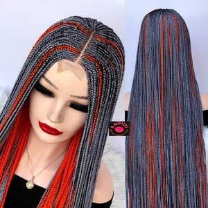 AFRICAN BRAIDED CONROW WIG ON 4*4 LACE CLOSURE 50" GRAY/ORANGE - Picture 1 of 8