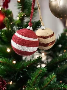 Christmas Ornament Bauble Jute Embellished Twine Rustic Country Holiday Set of 2 - Picture 1 of 5