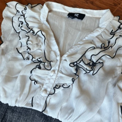 iZ Byer Size 1 Flutter Ruffled Sleeve Button Down White Gray Pencil Dress - Image 1 of 4