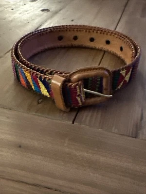 Leather Belt Colorful Hand Woven 1 1/4” Boho Southwestern Tribal Sz 32 - Image 1 of 4