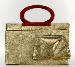 Vintage 1960s Elegant Gold Metallic Tortoise Shell Handle Handbag And Coin Purse - Picture 1 of 8